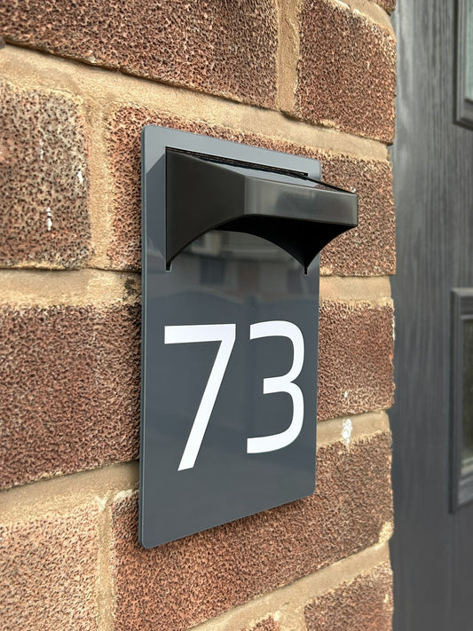 House Door Number Address Plaques Wall Sign Plaque, 10 Mode Fixed Colour Solar Light, Gloss Grey