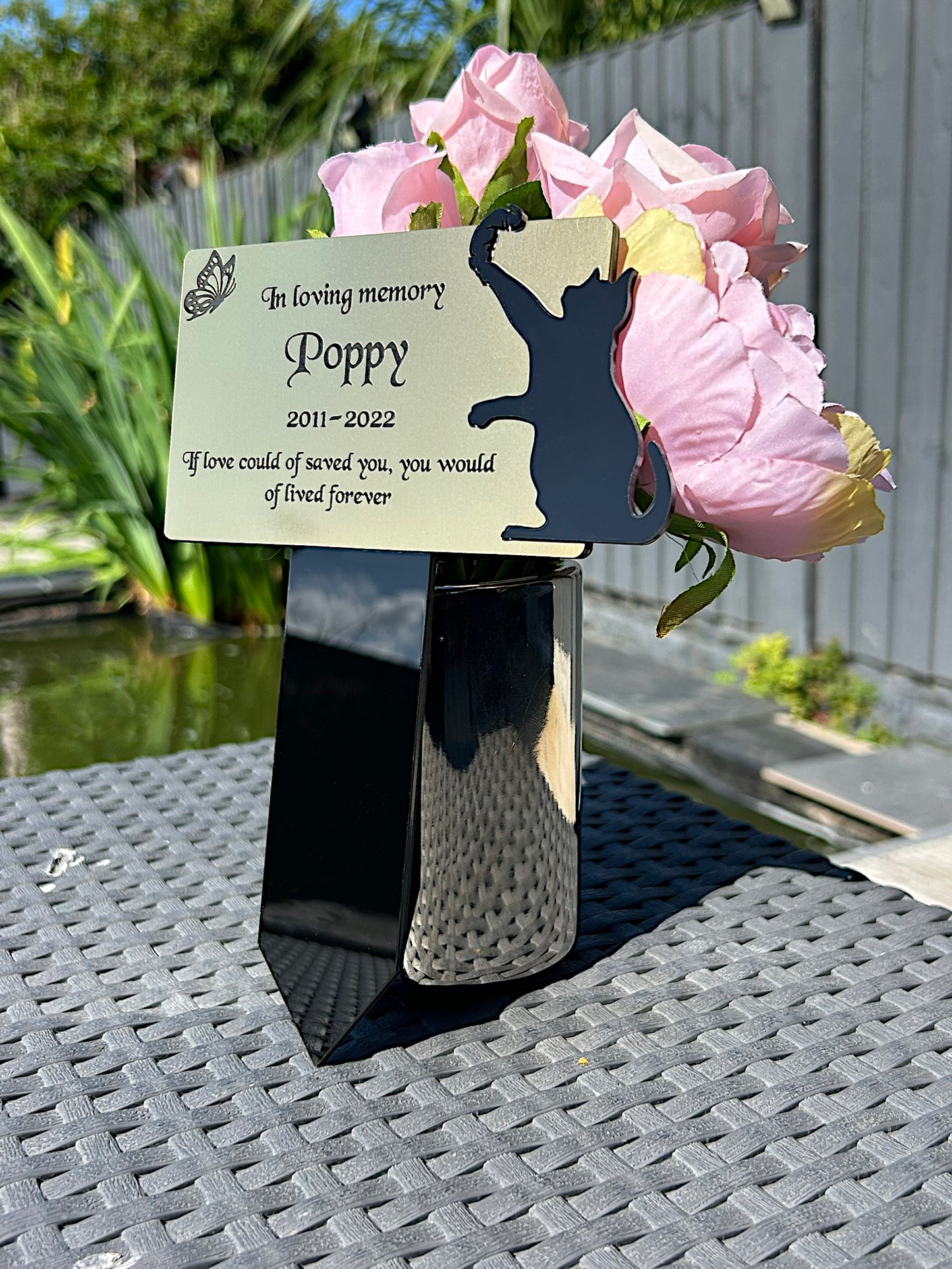 Pet Memorial Plaque, Personalised Outside Grave Cat Feather, Garden Marker Plaque Gift