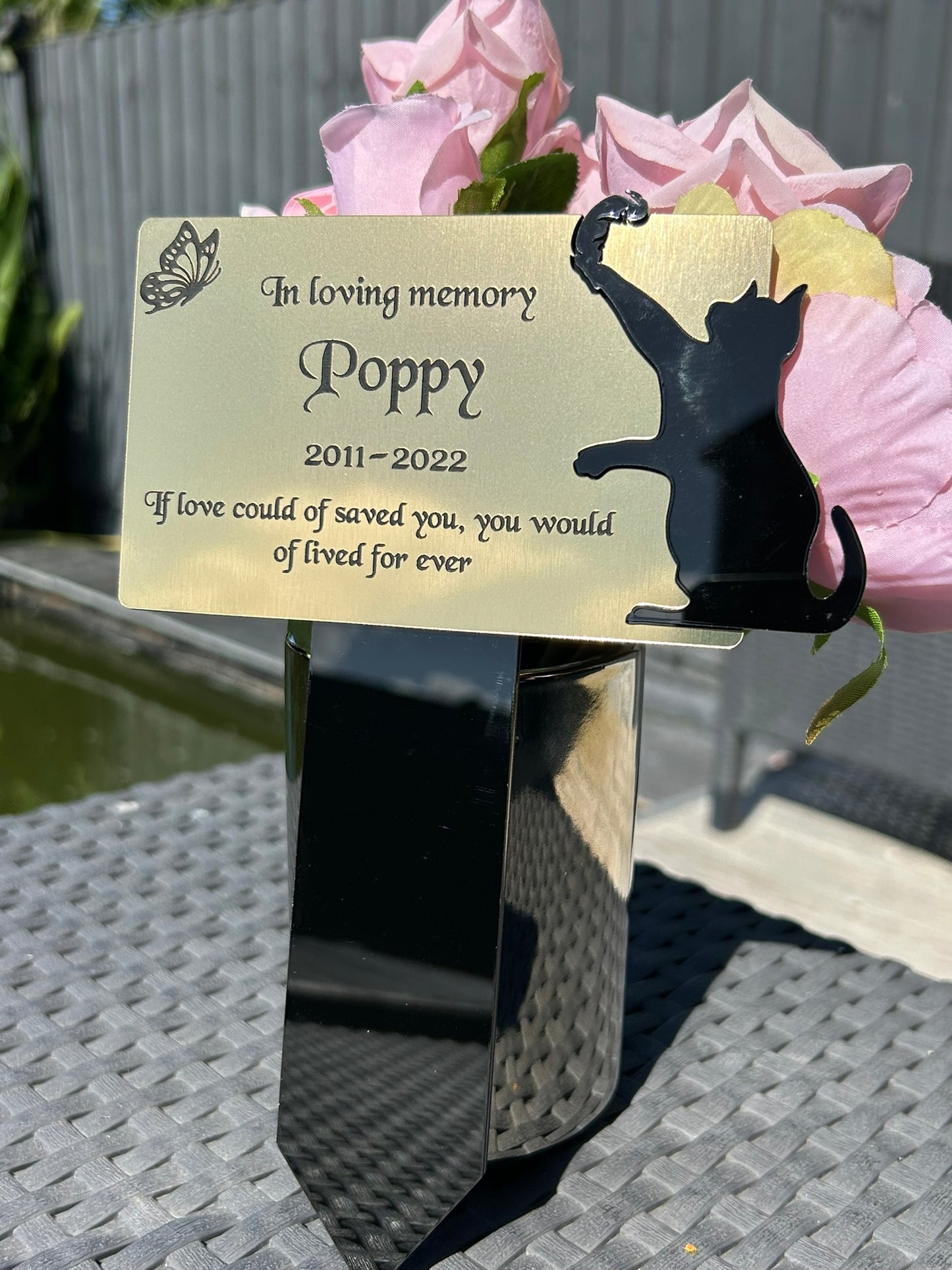 Pet Memorial Plaque, Personalised Outside Grave Cat Feather, Garden Marker Plaque Gift