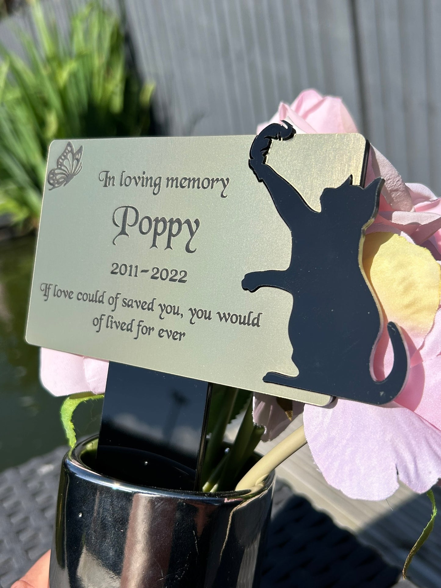Pet Memorial Plaque, Personalised Outside Grave Cat Feather, Garden Marker Plaque Gift