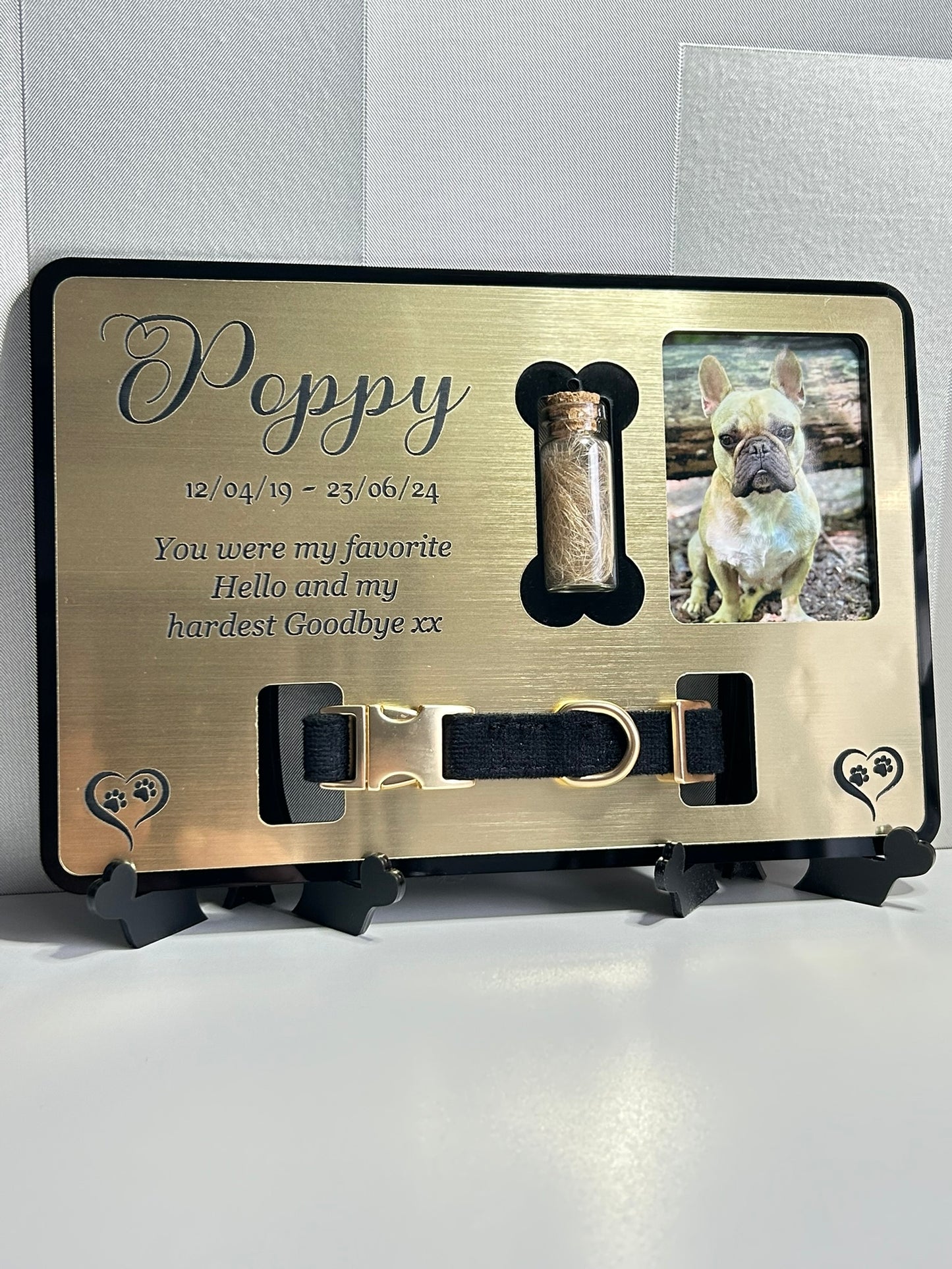 Pet Memorial Plaque, Pet fur Keepsake, Cat Memorial Collar Frame With Photo Gold