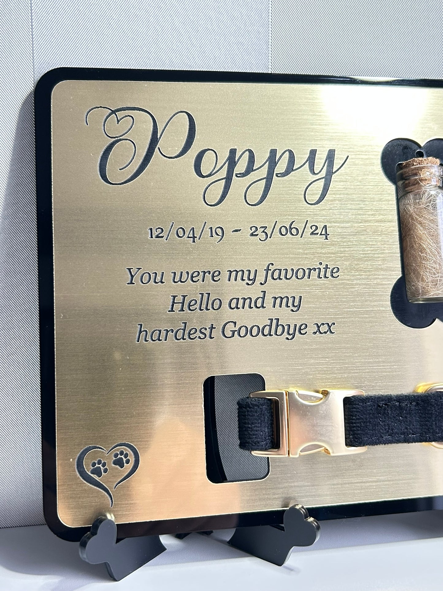Pet Memorial Plaque, Pet fur Keepsake, Cat Memorial Collar Frame With Photo Gold