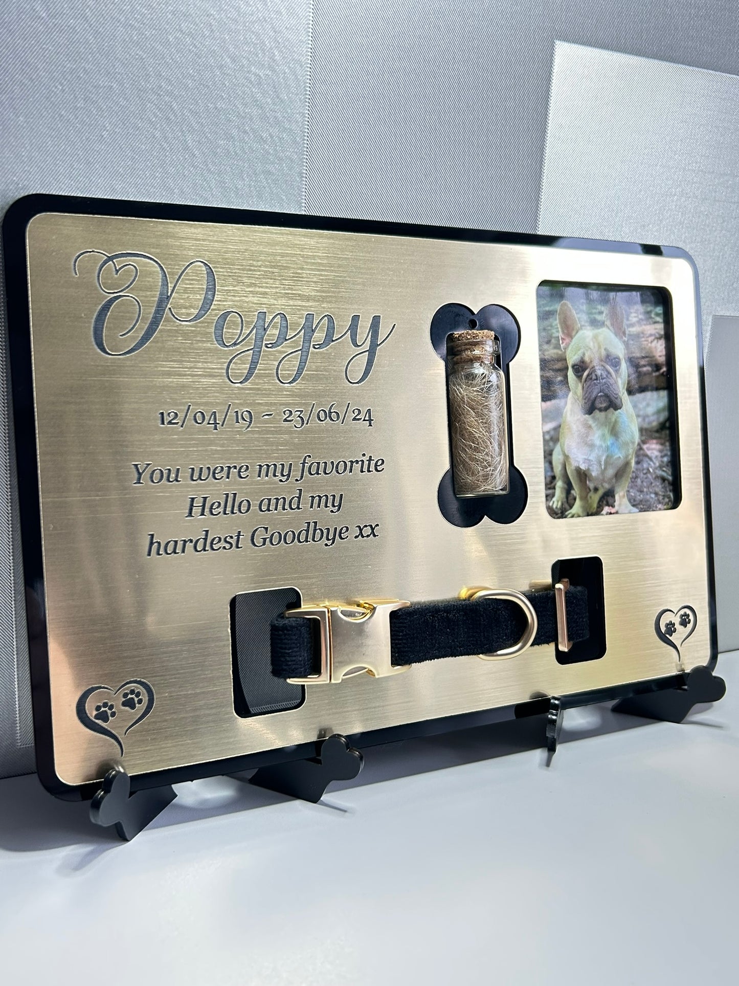 Pet Memorial Plaque, Pet fur Keepsake, Cat Memorial Collar Frame With Photo Gold