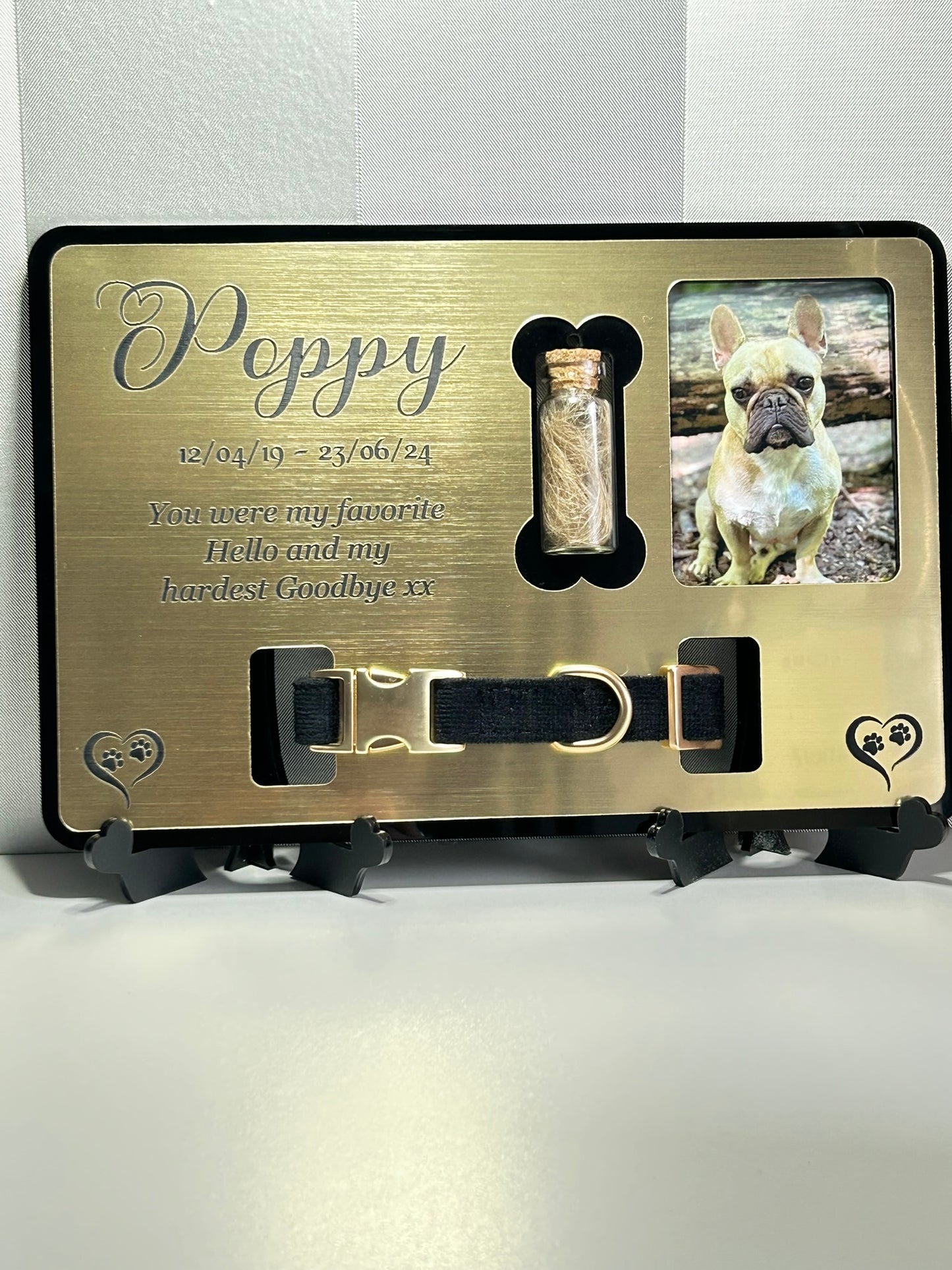 Pet Memorial Plaque, Pet fur Keepsake, Cat Memorial Collar Frame With Photo Gold