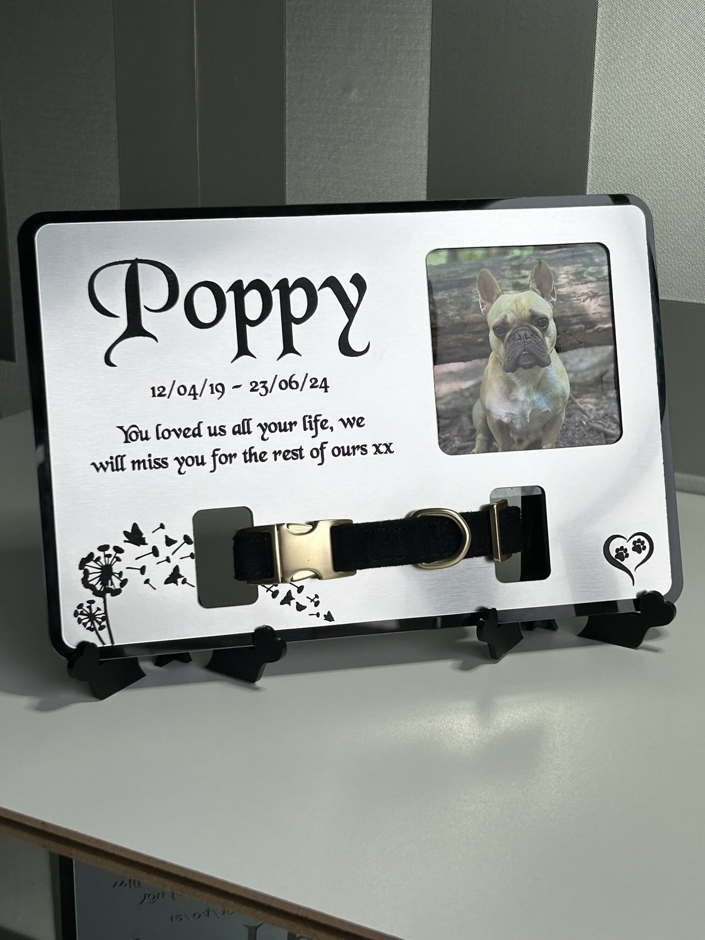 Pet Memorial Plaque, Pet fur Keepsake, Dog Memorial Collar Frame With Photo Silver