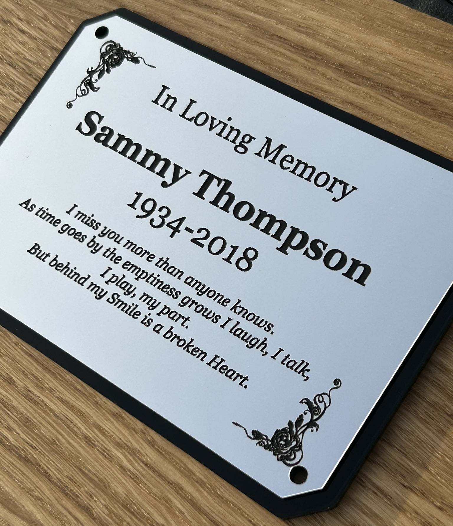 Memorial bench plaque, silver with engraving and chamfered edging