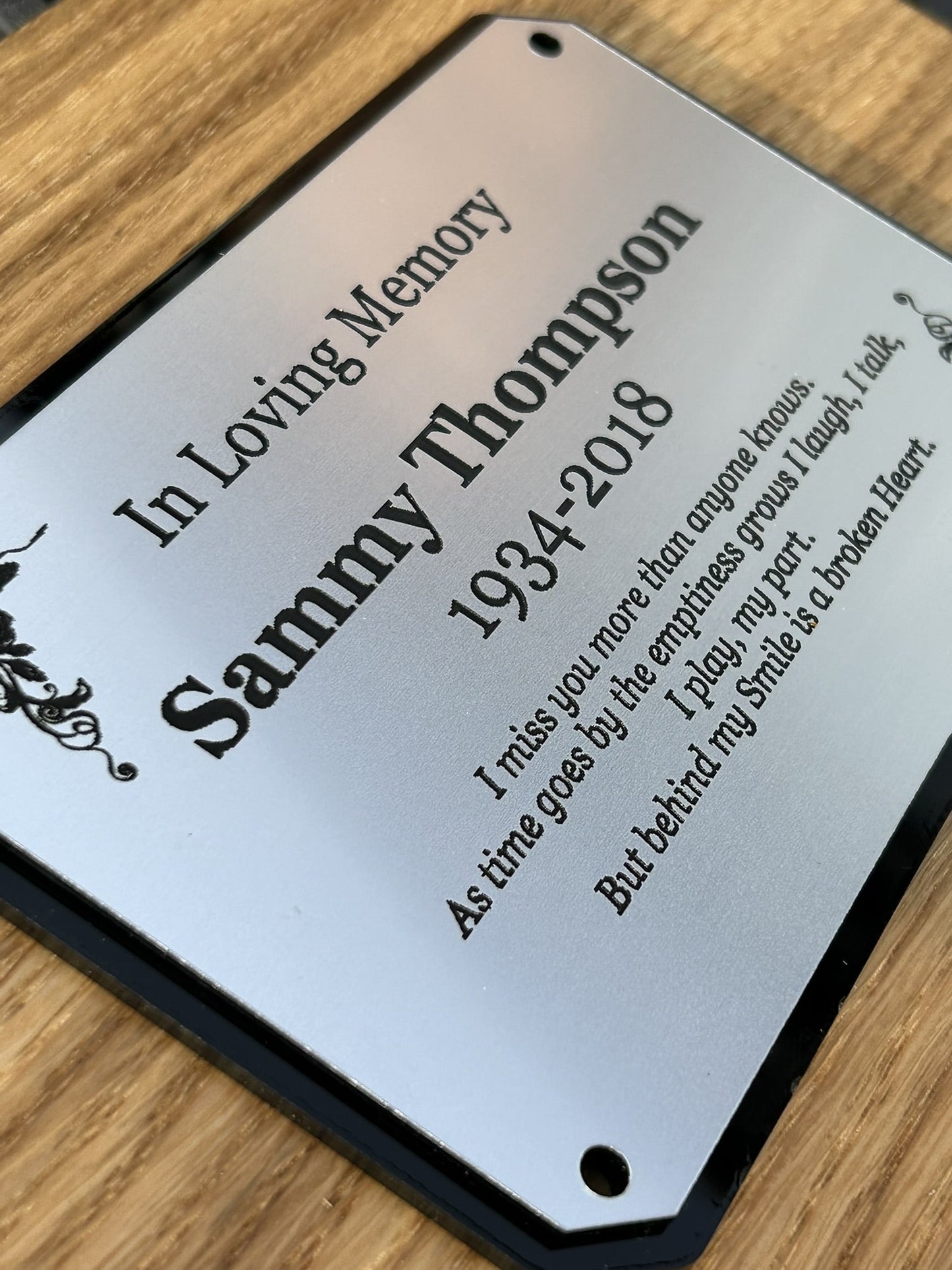 memorial bench plaque, silver with engraved text and chamfered edges