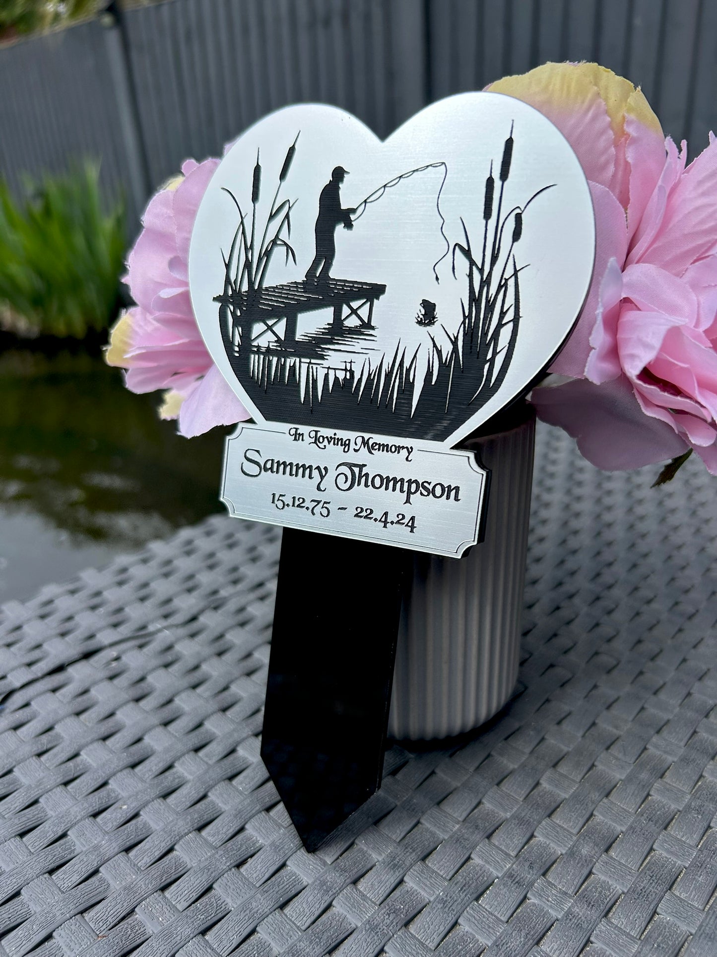 Memorial Plaque, Fishing Plaques, Remembrance Sign, Graver marker, Dad, Father, Mum, Pets, Heart, Silver