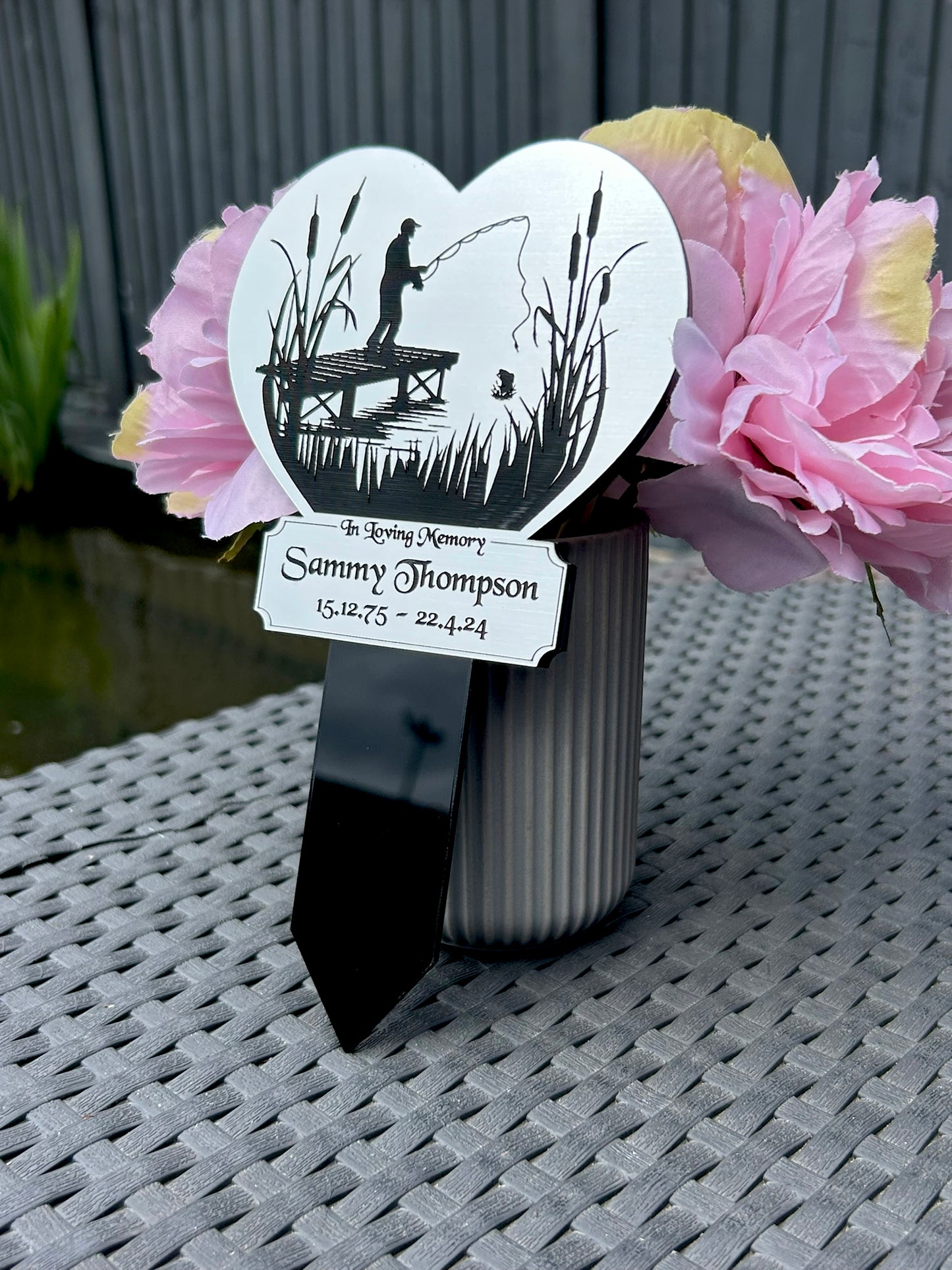 Memorial Plaque, Fishing Plaques, Remembrance Sign, Graver marker, Dad, Father, Mum, Pets, Heart, Silver