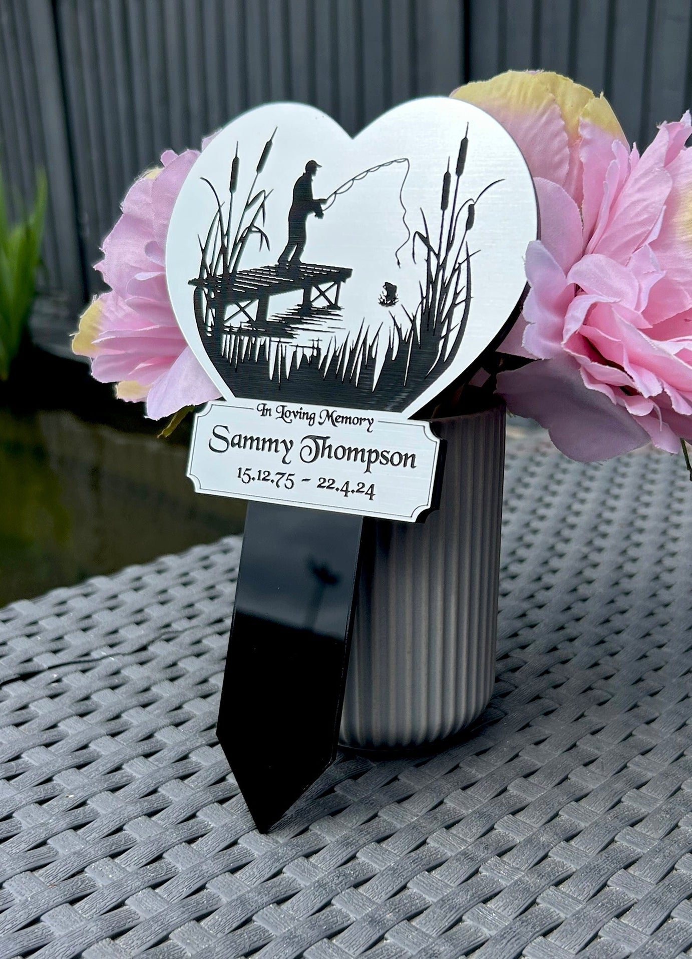 Memorial Plaque, Fishing Plaques, Remembrance Sign, Graver marker, Dad, Father, Mum, Pets, Heart, Silver