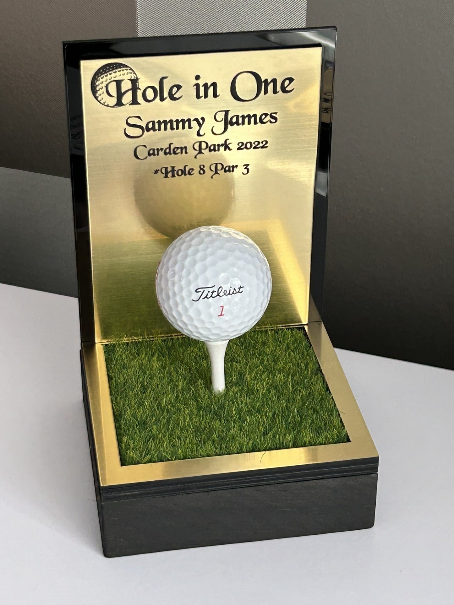 Hole in one, Golf Gifts, Longest Drive, Nearest the pin, personalised Plaques, Keepsakes ,Gold