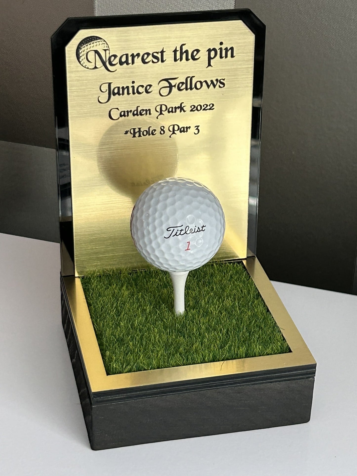 Hole in one, Golf Gifts, Longest Drive, Nearest the pin, personalised Plaques, Keepsakes ,Gold