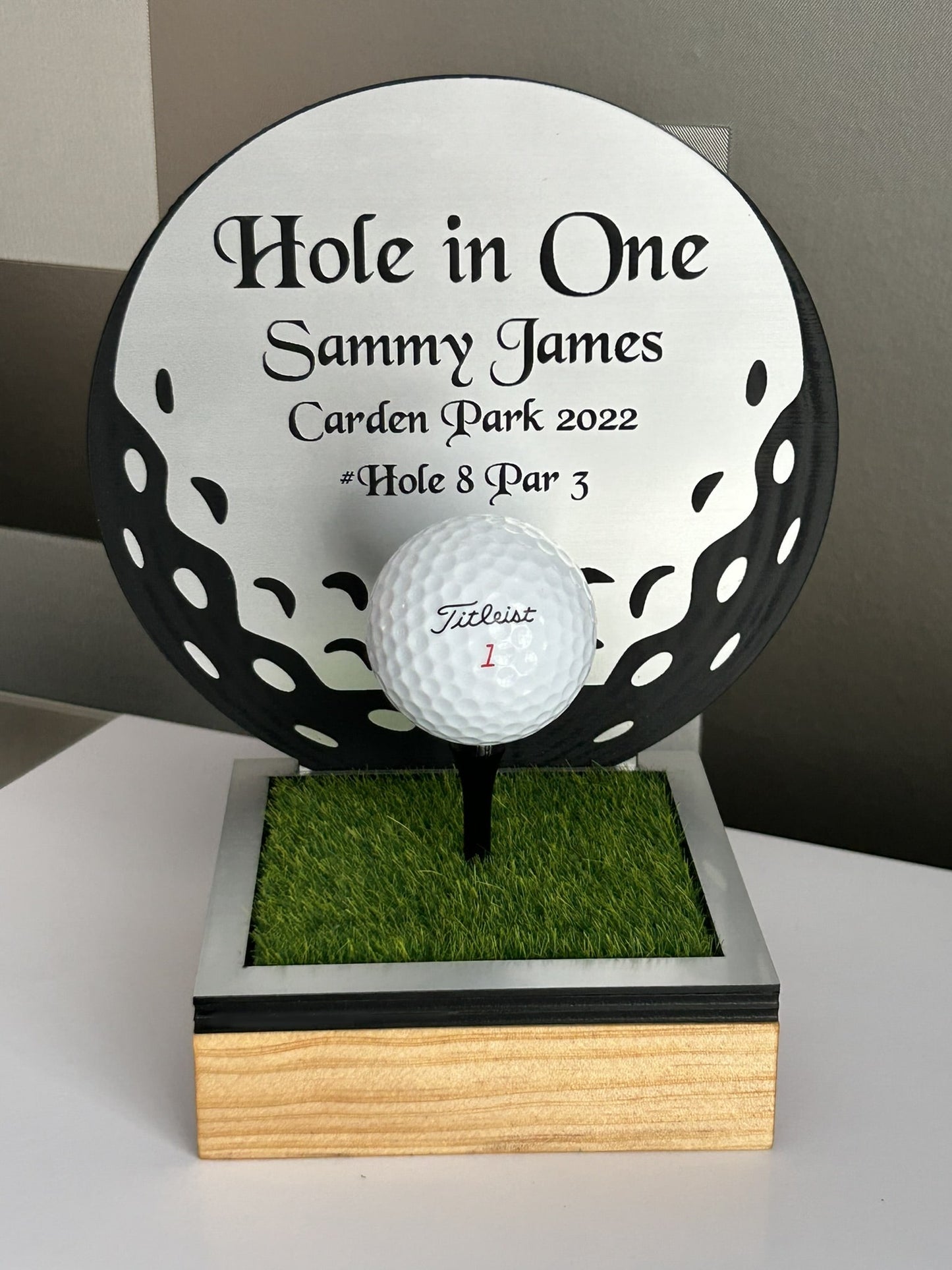 Hole in one, Golf Gifts, Longest Drive, Nearest the pin, personalised Plaques, Keepsakes ,Golf Ball Shape Silver