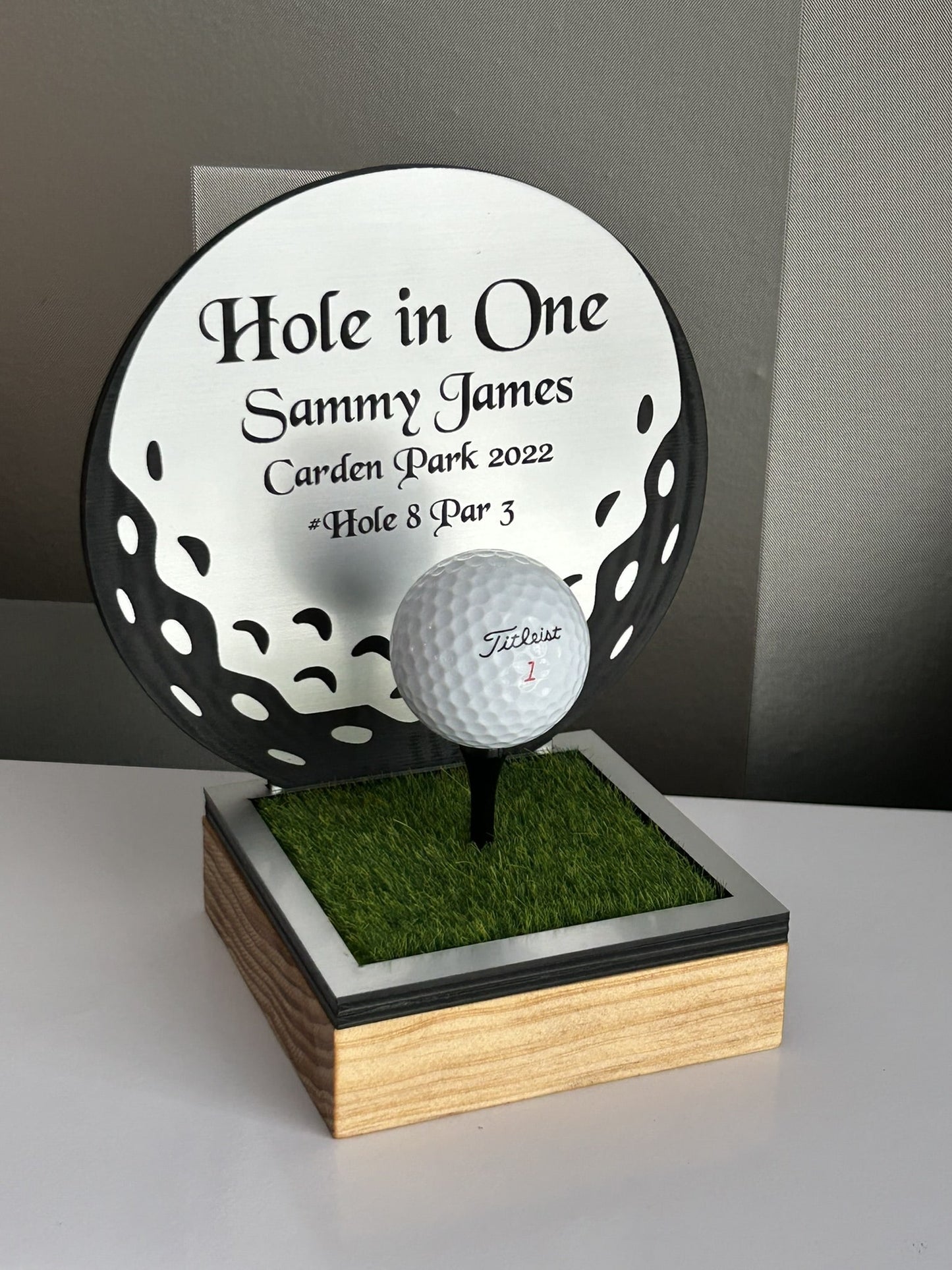 Hole in one, Golf Gifts, Longest Drive, Nearest the pin, personalised Plaques, Keepsakes ,Golf Ball Shape Silver