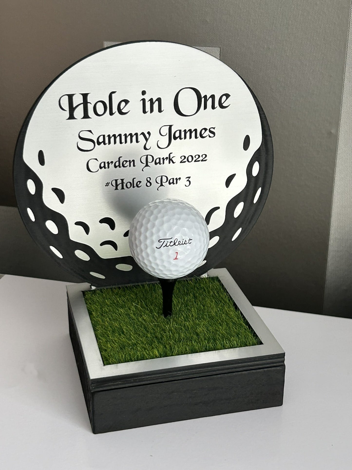Hole in one, Golf Gifts, Longest Drive, Nearest the pin, personalised Plaques, Keepsakes ,Golf Ball Shape Silver
