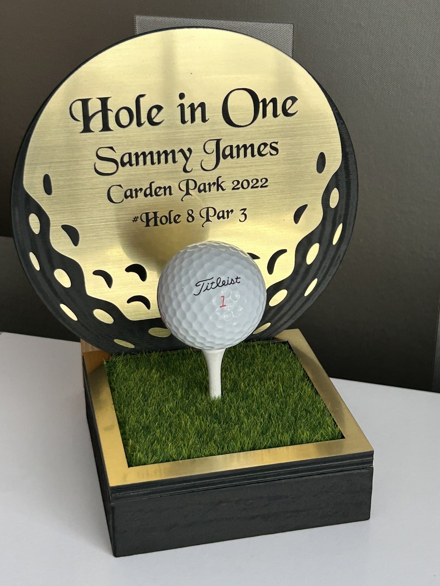 Hole in one, Golf Gifts, Longest Drive, Nearest the pin, personalised Plaques, Keepsakes ,Golf Ball Shape