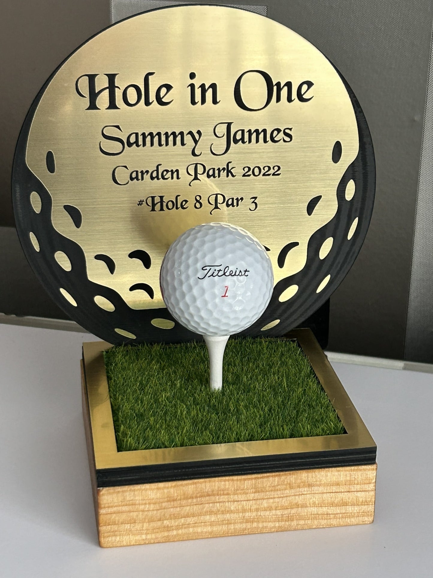 Hole in one, Golf Gifts, Longest Drive, Nearest the pin, personalised Plaques, Keepsakes ,Golf Ball Shape