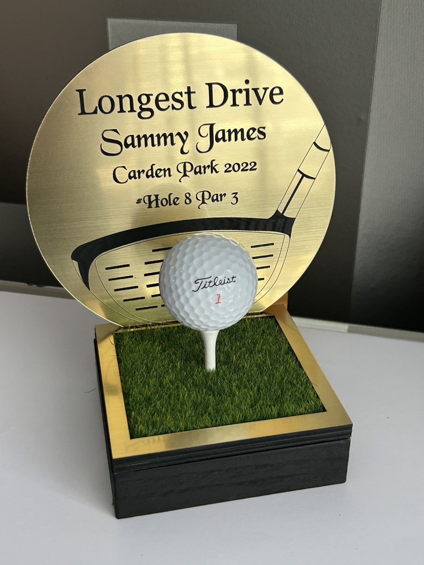 Hole in one, Golf Gifts, Longest Drive, Nearest the pin, personalised Plaques, Keepsakes ,Gold Driver