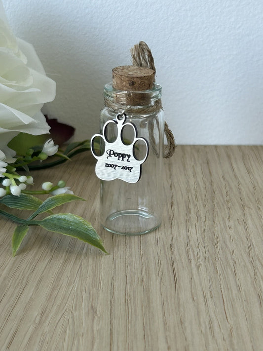 Personalised Pet Dog paw Hair Memorial Keepsake Gift for hair fur or Ashes, Silver Effect