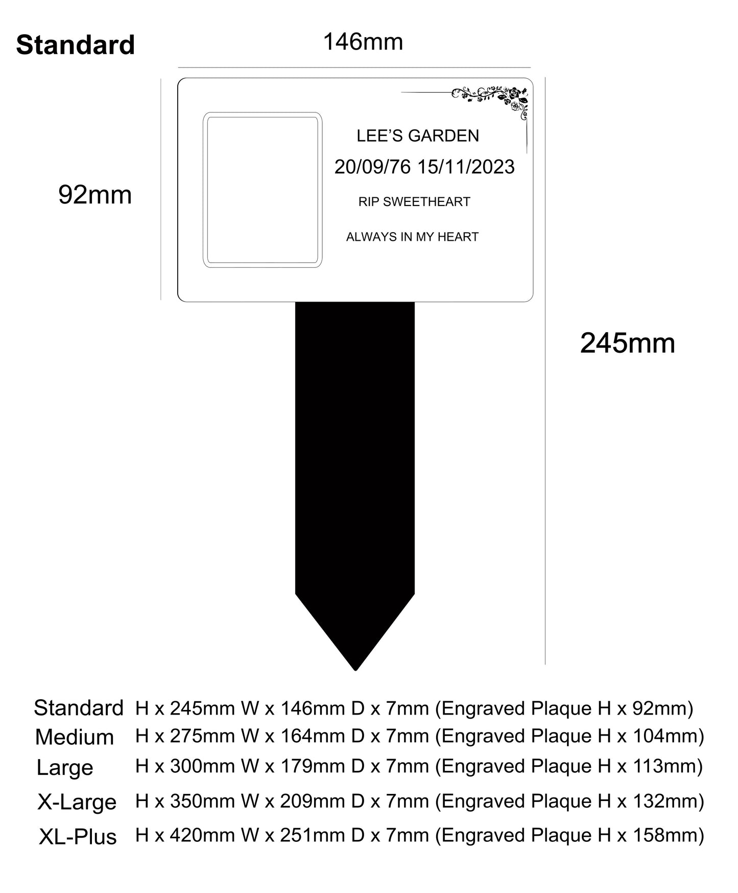 Memorial Photo Plaque size options