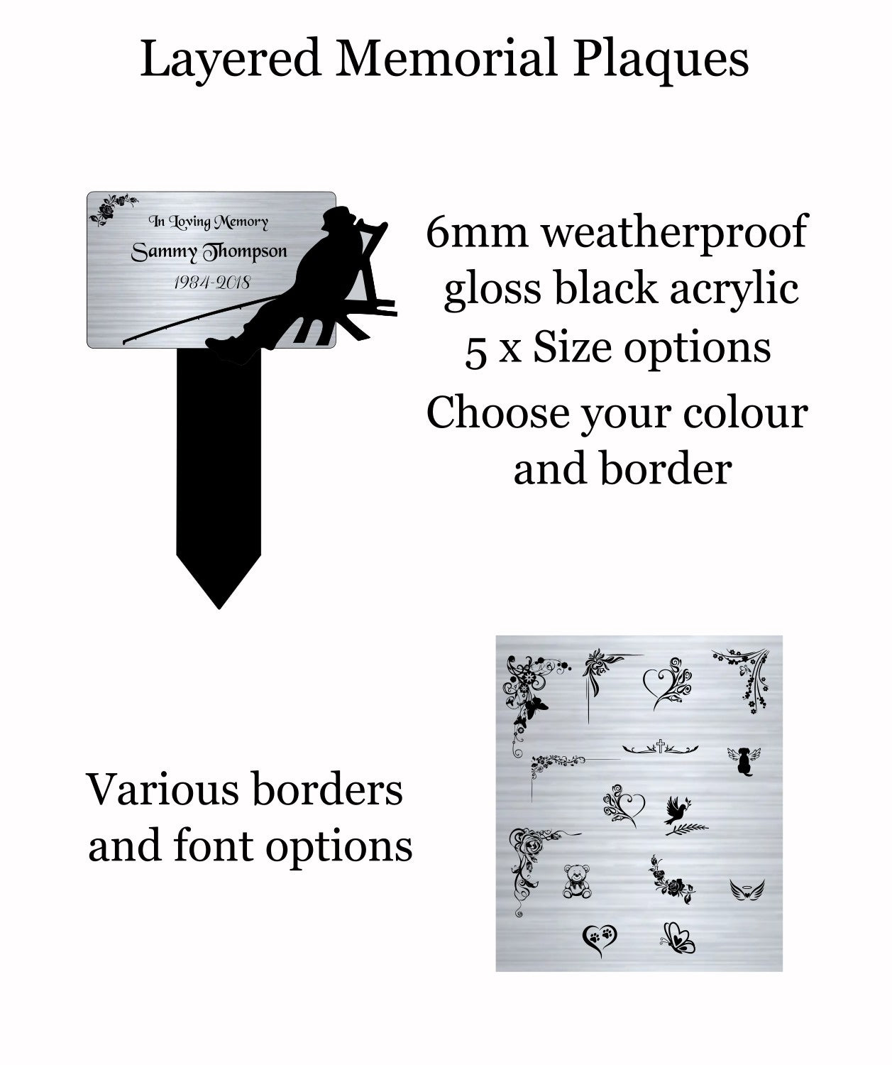 Memorial Plaque, Memorial Plaques for graves, Remembrance, Silver, Rounded, Fishing