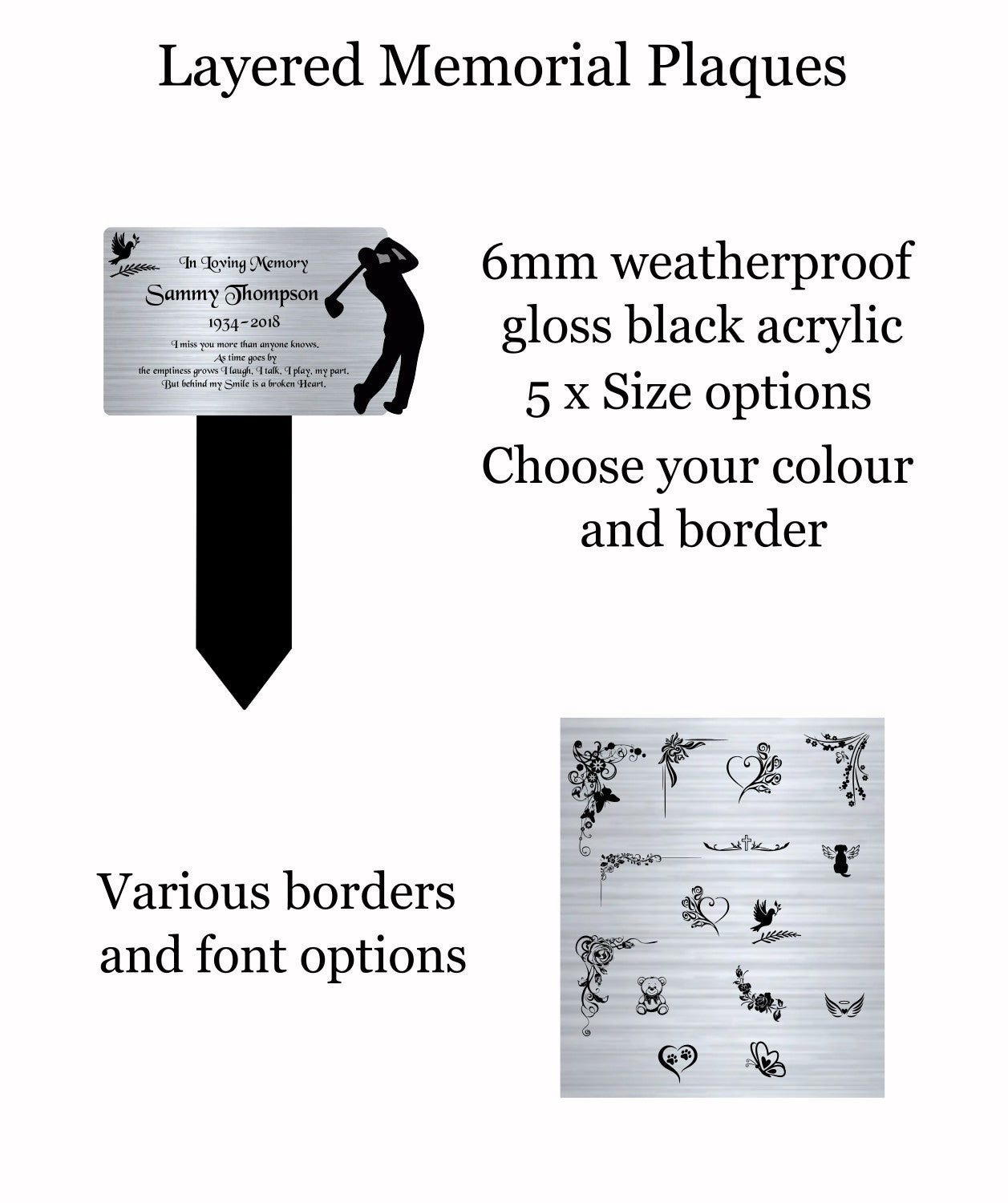 Memorial Plaque, Memorial Plaques for graves, Remembrance, Silver, Rounded, Golf
