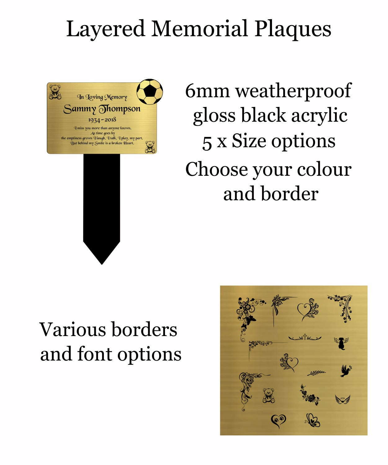 Memorial Plaque, Memorial Plaques for graves, Remembrance, Gold, Rounded, Football