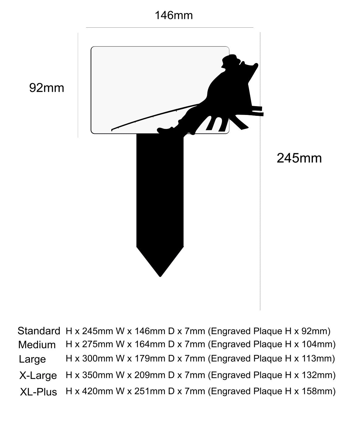 Measurement chart of a decorative plaque with dimensions and engraving details.