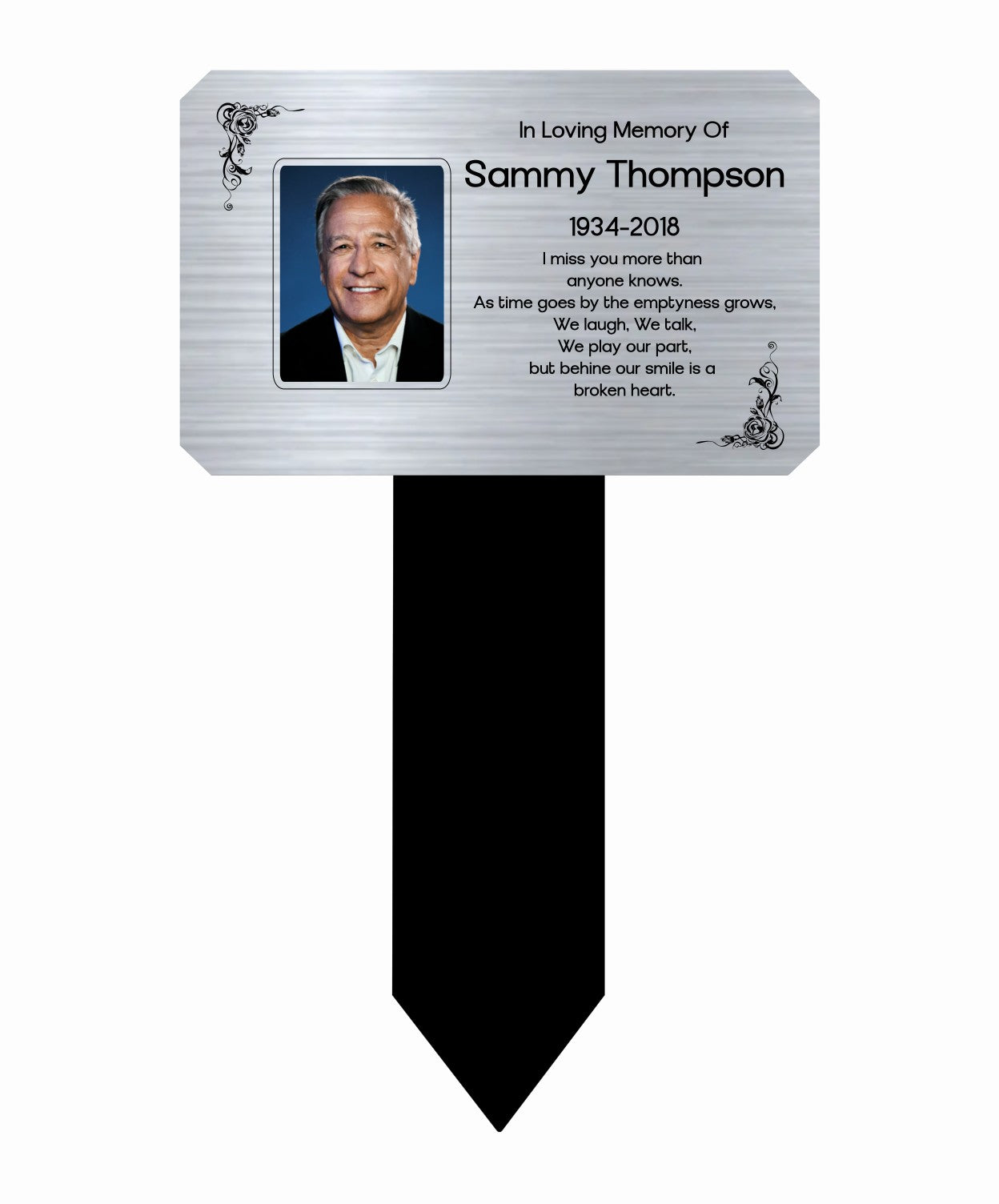 Memorial marker with photo and text 'In Loving Memory Of Sammy Thompson' on a white background