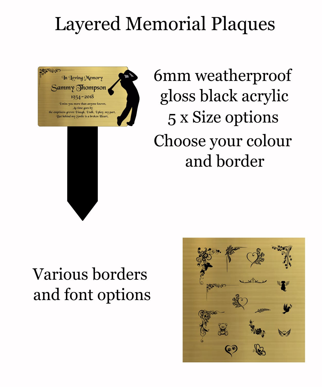 Memorial Plaque, Memorial Plaques for graves, Remembrance, Gold, Rounded, Golf
