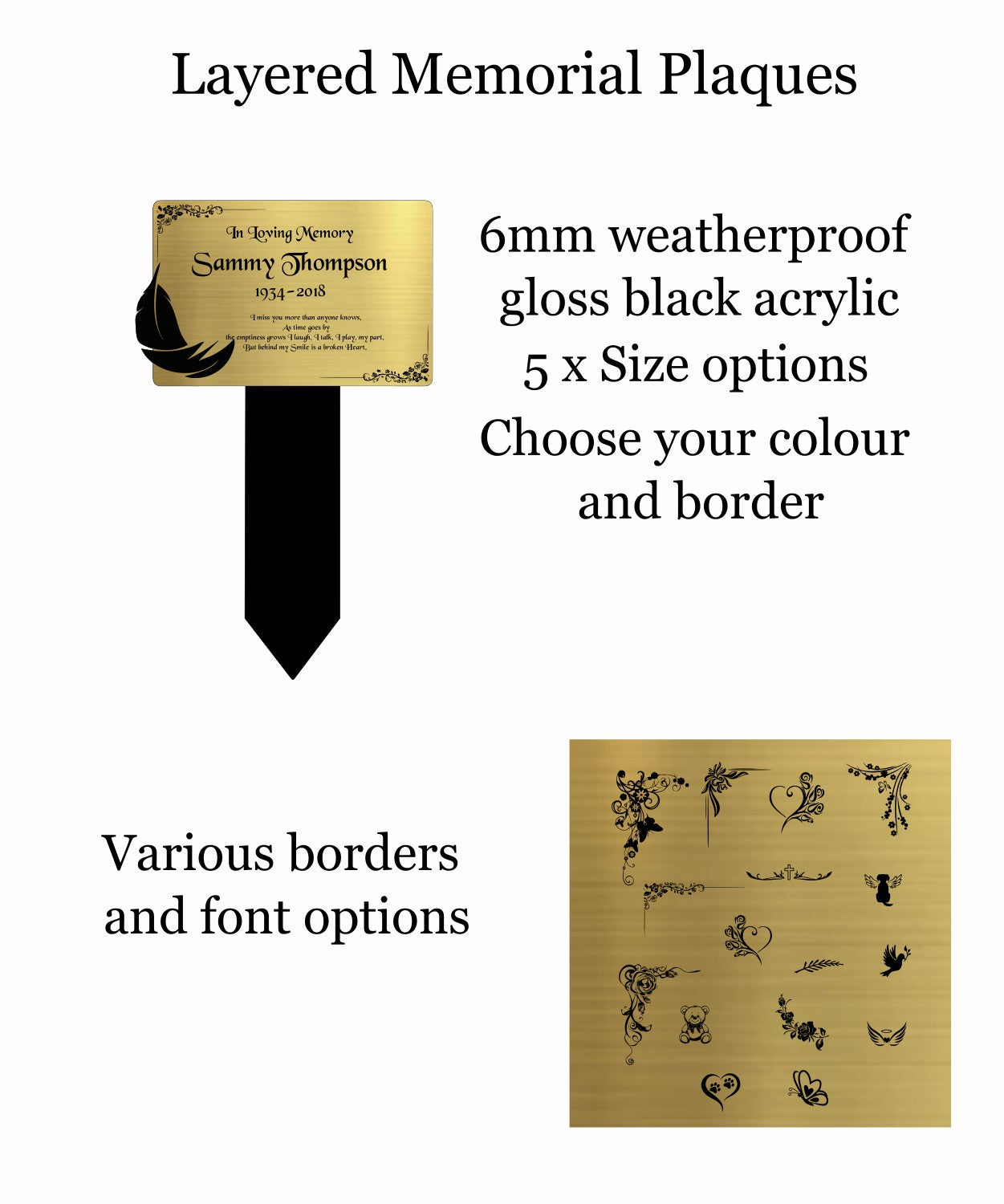 Memorial Plaque, Memorial Plaques for graves, Remembrance, Gold, Rounded, Feather