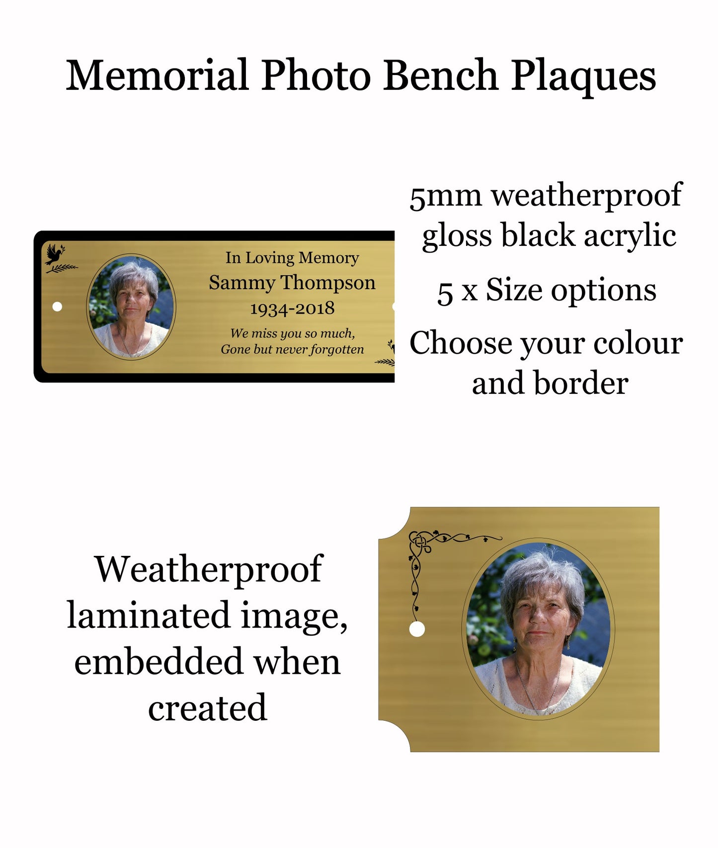 Memorial Photo Plaque, Engraved Bench Plaques, Engraved Tree Sign, Gold, Weatherproof, Grave