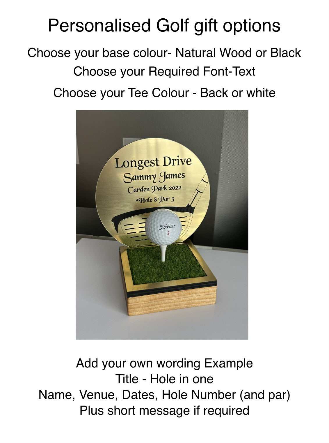Hole in one, Golf Gifts, Longest Drive, Nearest the pin, personalised Plaques, Keepsakes ,Gold Driver