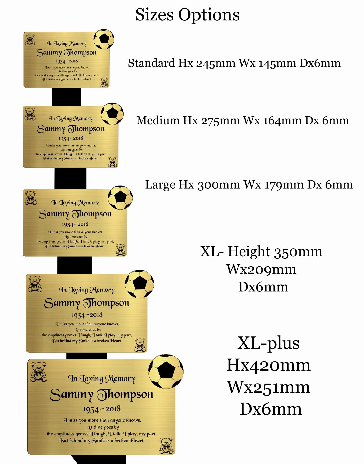 Memorial Plaque, Memorial Plaques for graves, Remembrance, Gold, Rounded, Football