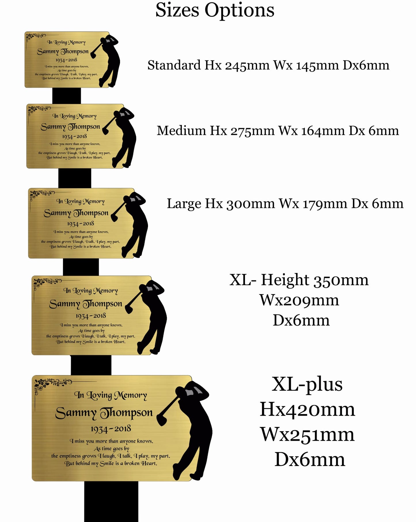 Memorial Plaque, Memorial Plaques for graves, Remembrance, Gold, Rounded, Golf