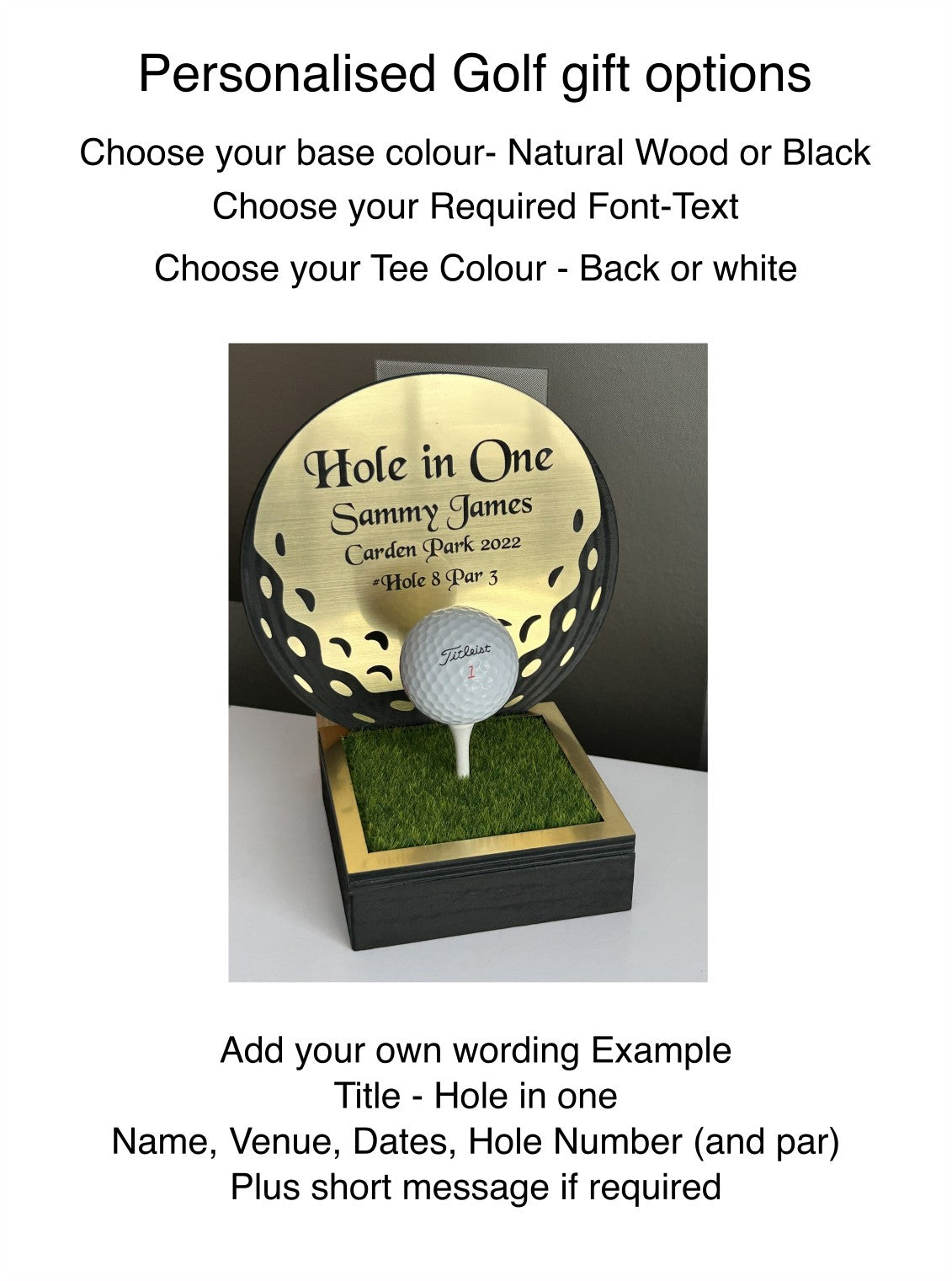 Hole in one, Golf Gifts, Longest Drive, Nearest the pin, personalised Plaques, Keepsakes ,Golf Ball Shape