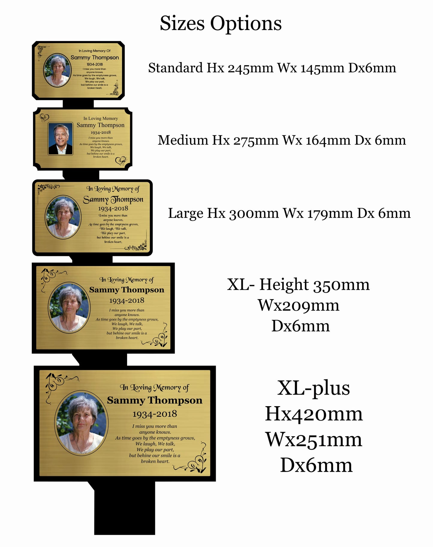 Memorial Photo Plaque size options