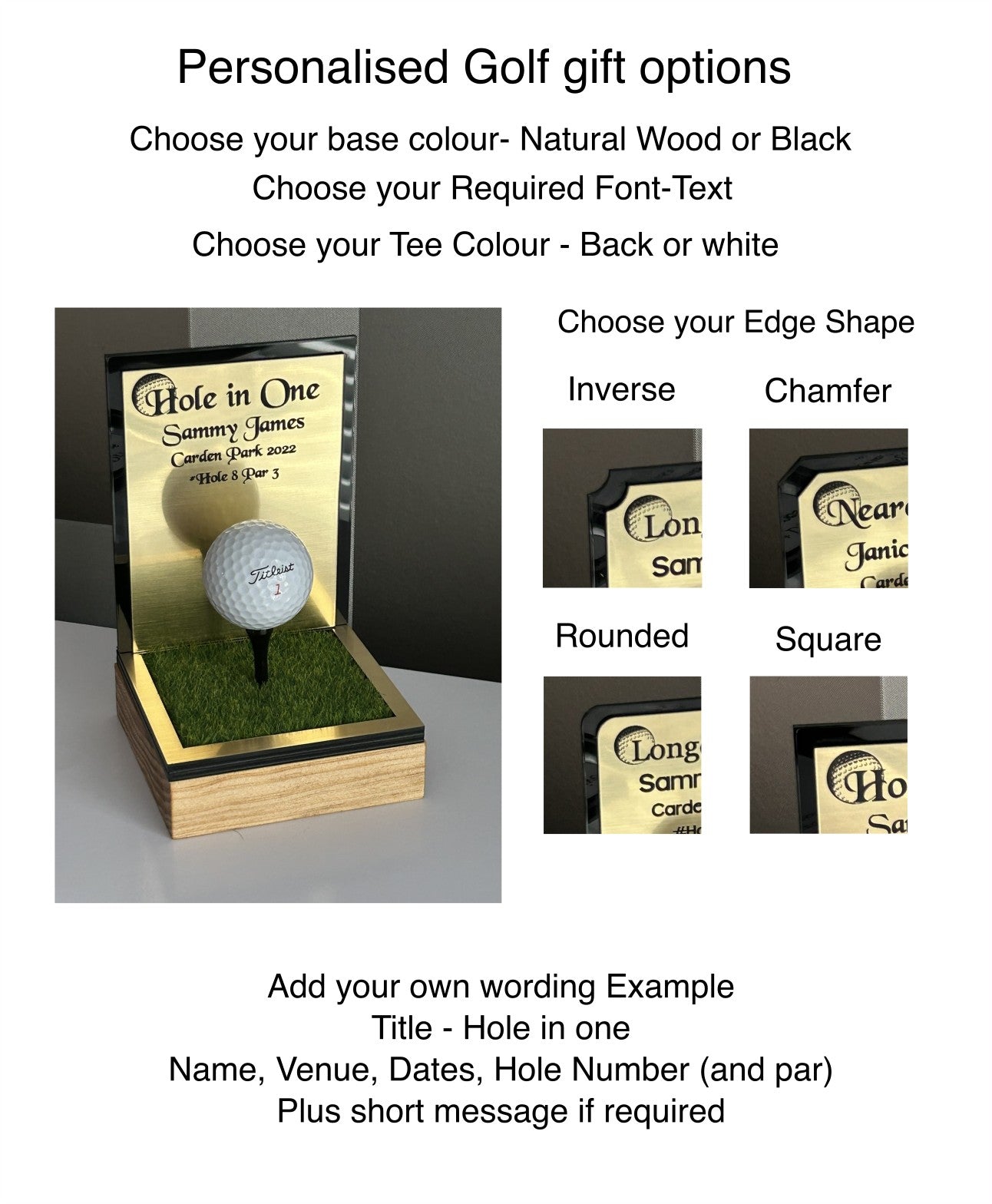 Hole in one, Golf Gifts, Longest Drive, Nearest the pin, personalised Plaques, Keepsakes ,Gold
