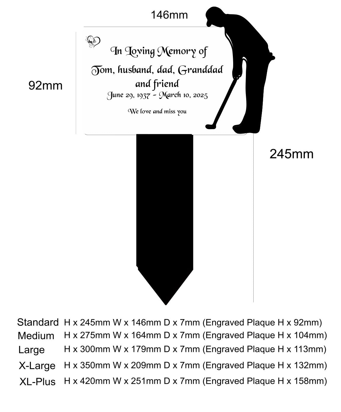 Memorial plaque with dimensions and text for a golfer, including a silhouette of a golfer.