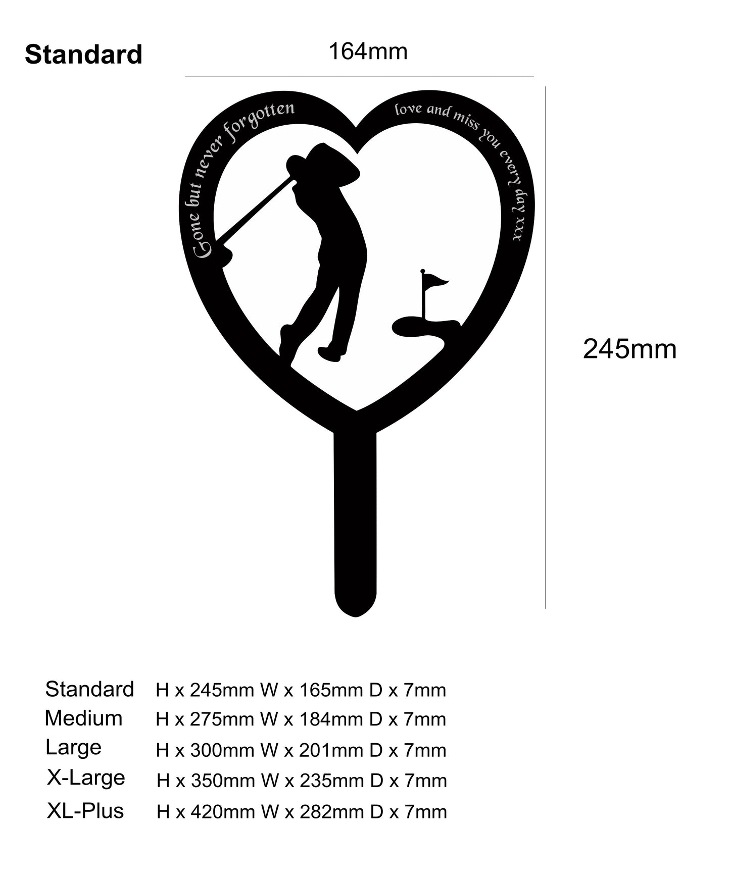 Heart-shaped design with golfer silhouette and measurements