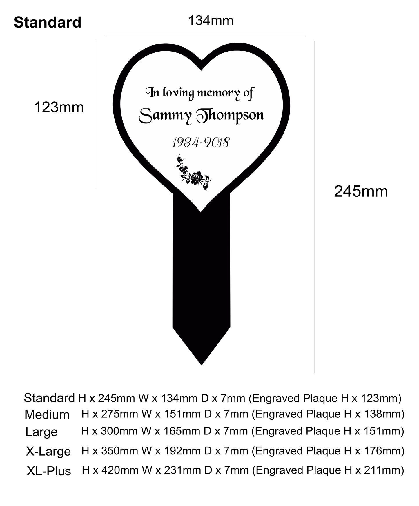 Heart-shaped memorial marker with engraved text on a white background