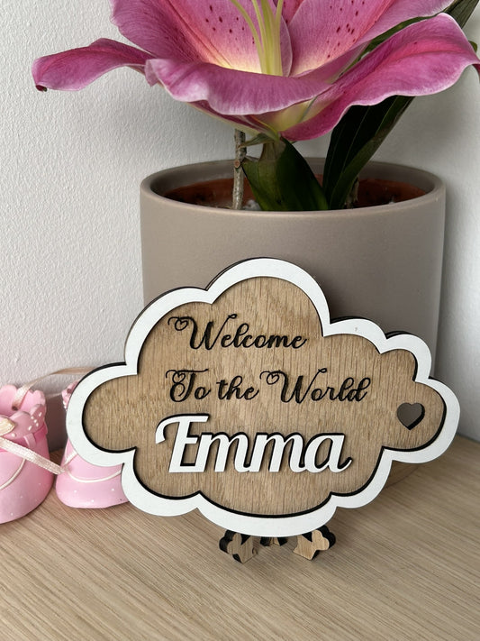 Personalised Baby Announcement Plaque sign Hello Welcome to the world Baby Shower my name is, Social photo prop, cloud
