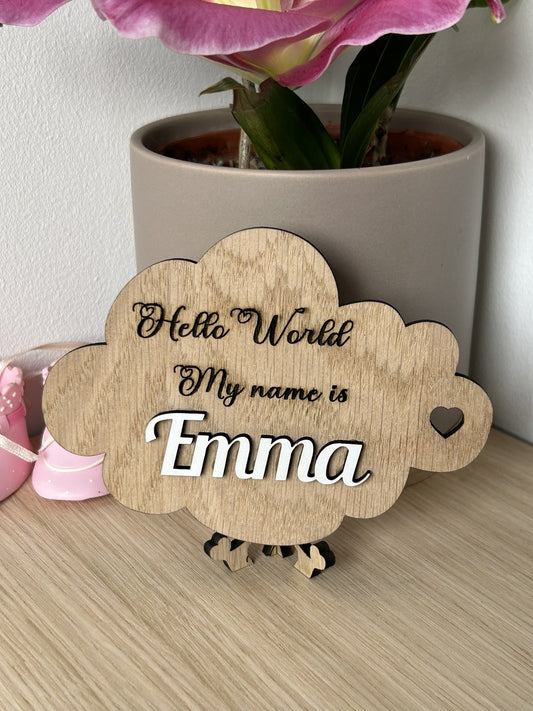 Personalised Baby Announcement Plaque sign Hello Welcome to the world Baby Shower my name is, Social photo prop, clouds