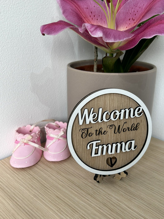 Personalised Baby Announcement Plaque sign Hello Welcome to the world Baby Shower my name is, Social photo prop, framed circle