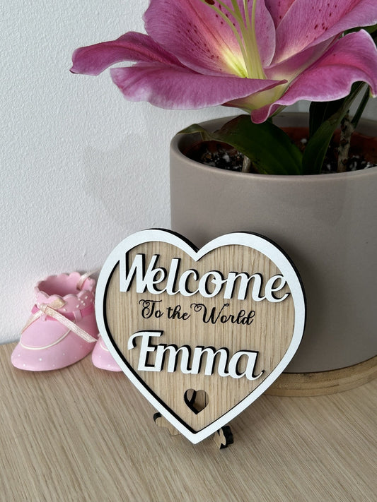 KC Laser Crafts Personalised Baby Announcement Plaque sign Hello Welcome to the world Baby Shower my name is, Social photo prop, framed heart