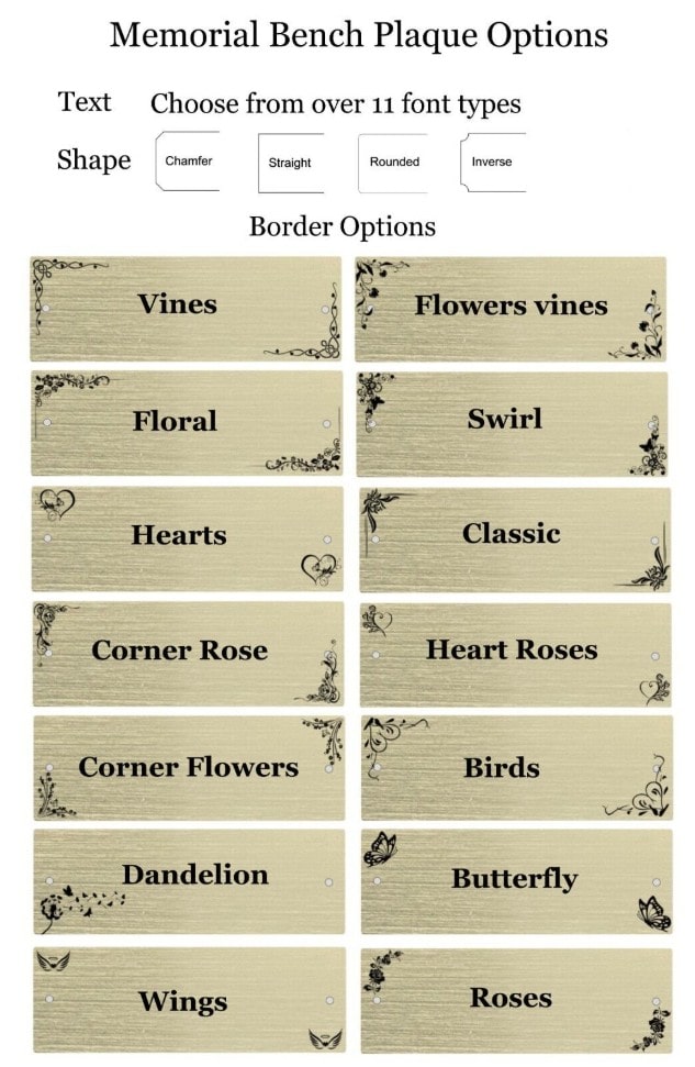 An image displaying various options for a personalized memorial plaque, including text fonts and plaque borders, with a gold colour theme.