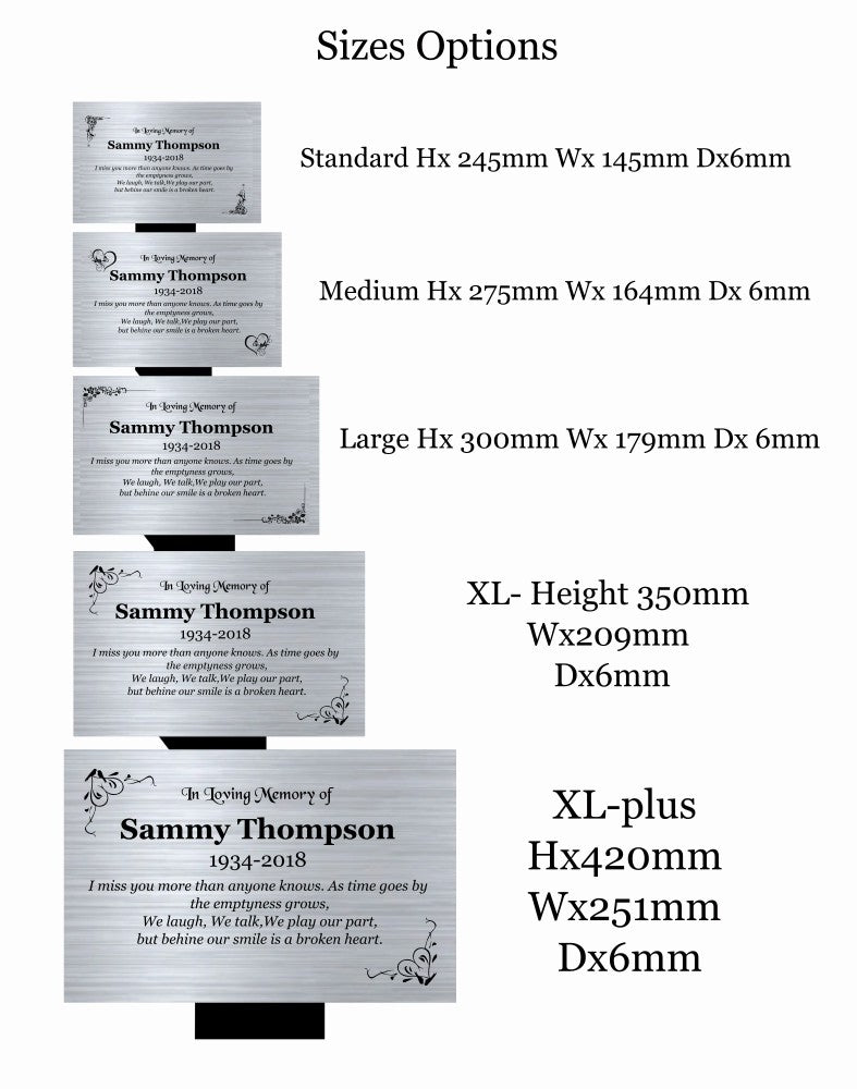 Size options chart for memorials with dimensions listed