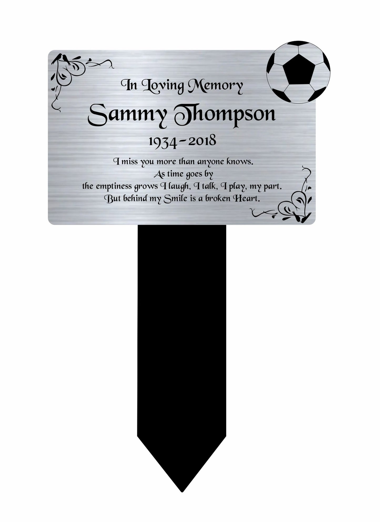 Memorial Plaque, Memorial Plaques for graves, Remembrance, Silver, Rounded, Football