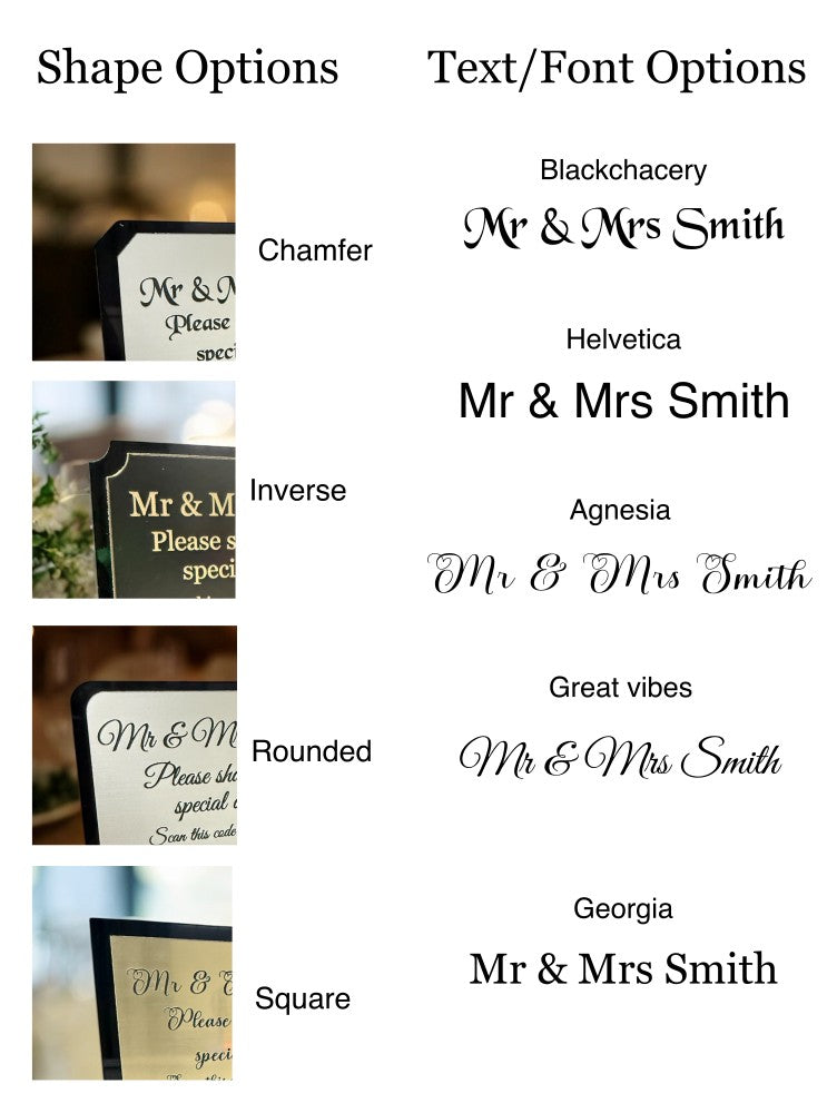 Personalised Wedding Day Shoot and Share, Table QR Stands with engraved text, Satin Black, Inverse