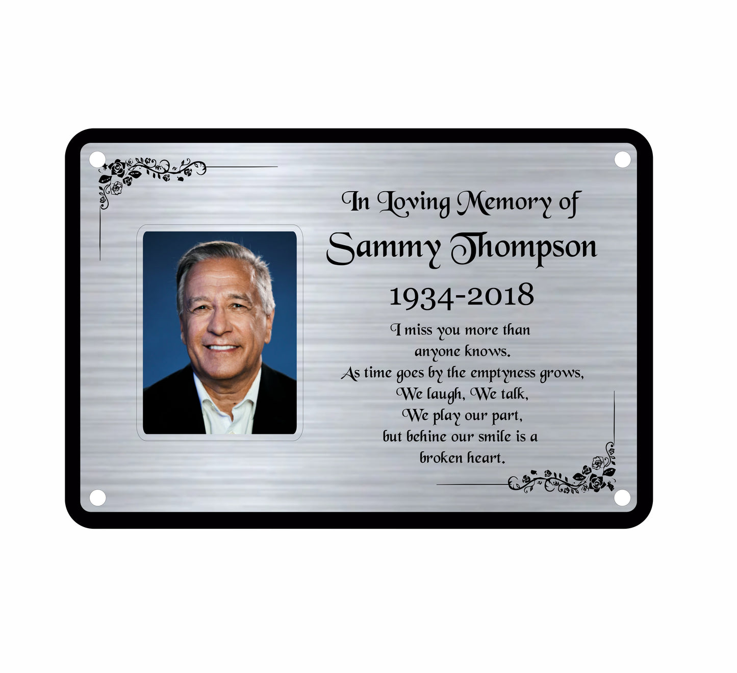 Memorial Bench plaque for Sammy Thompson with a photo and text on a white background